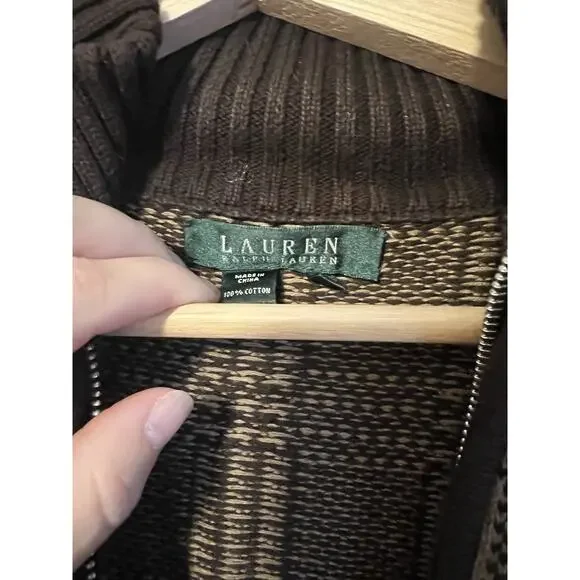 Lauren Ralph Lauren Brown Tan Houndstooth Plaid 100% Cotton Knit Zip Jacket XL - Picture 5 of 10